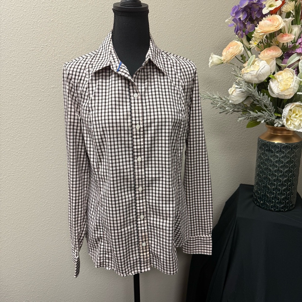 Attention Large Checkered Button Down Shirt Black White Stretch Work Casual Fall